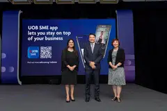 From left: Kavita Bedi, UOB’s country head of business banking Singapore; Lawrence Loh, head of group business banking; and Rosalind Lee, head of enterprise banking, at the launch of the UOB SME app.