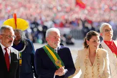 Brazil's new President Luiz Inacio Lula da Silva (centre), accompanied by his wife First Lady Rosangela "Janja" da Silva (second from right),  after his inauguration ceremony at the National Congress, in Brasilia, on Jan 1, 2023.