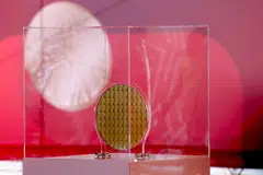 A wafer can be seen as TSMC holds a ceremony to start mass production of its most advanced 3-nanometer chips in the southern city of Tainan, Taiwan on Dec 29, 2022. 