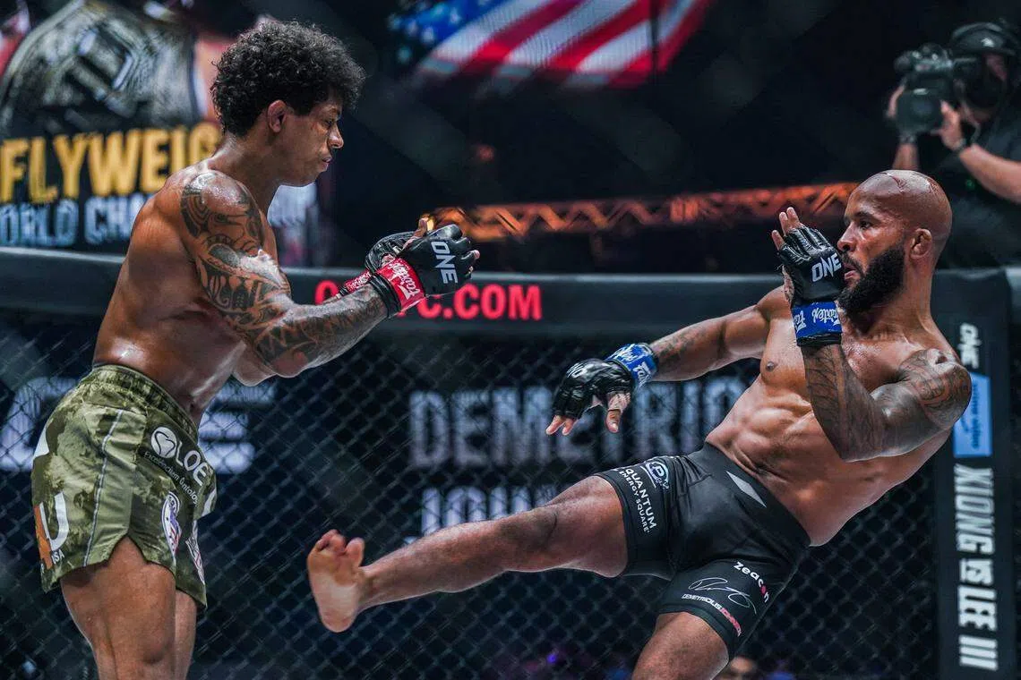 Demetrious Johnson (right) will face Adriano Moraes (left) in the main event of One Championship's first US live show in Colorado on May 5, 2023.