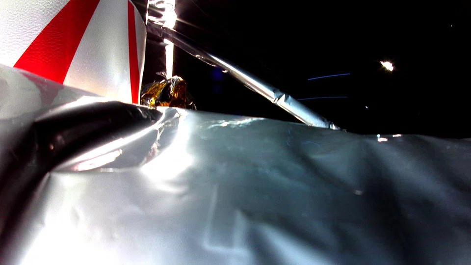 The first image from Astrobotic's Peregrine Lunar Lander in space showing Multi-Layer Insulation (MLI) in the foreground, Jan 8, 2024.