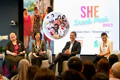 (From left) United Women Singapore's president Georgette Tan, Senior Minister of State Sim Ann and Standard Chartered cluster CEO Patrick Lee speak on a panel at the Sneak Peak programme launch.