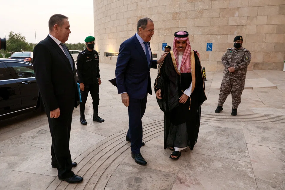 Russia's Foreign Minister Sergei Lavrov meets with Saudi Arabia's Foreign Minister Prince Faisal bin Farhan Al Saud in Riyadh, Saudi Arabia, May 31, 2022.