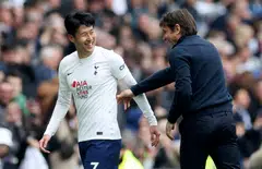 Tottenham Hotspur's top scorer Son Heung-min (left) and his manager Antonio Conte during Tottenham's 3-1 win over Leicester City in the English Premier League on May 1, 2022.
