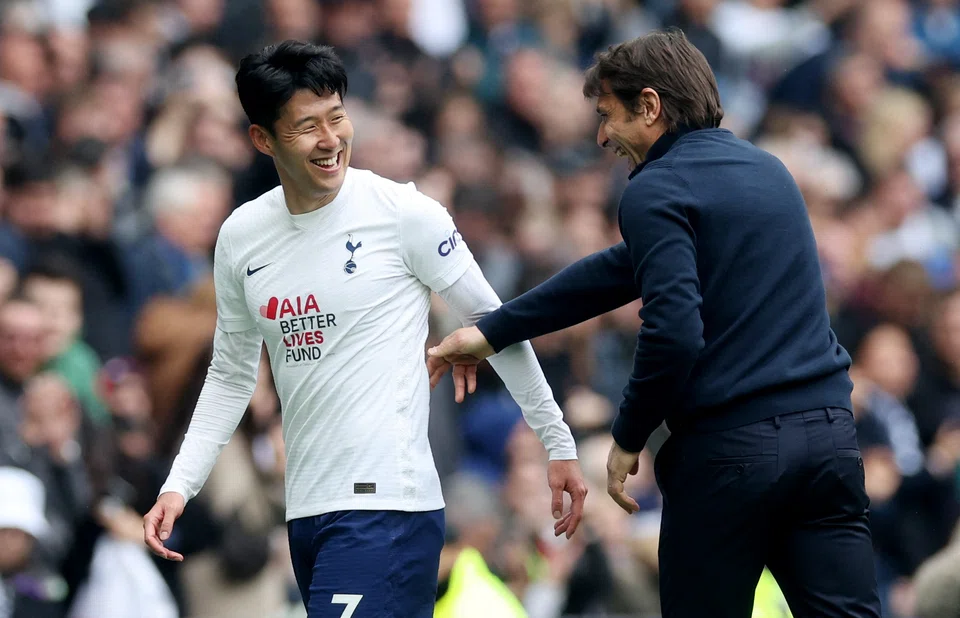 Tottenham Hotspur's top scorer Son Heung-min (left) and his manager Antonio Conte during Tottenham's 3-1 win over Leicester City in the English Premier League on May 1, 2022.