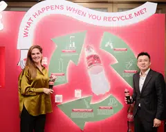 Kirsten van Zandwijk (left), director of sustainability and partnerships for Asean & South Pacific at The Coca-Cola Company, and SembWaste CEO Kok Kin Lee. The beverage giant has a partnership with SembWaste to collect used PET bottles.