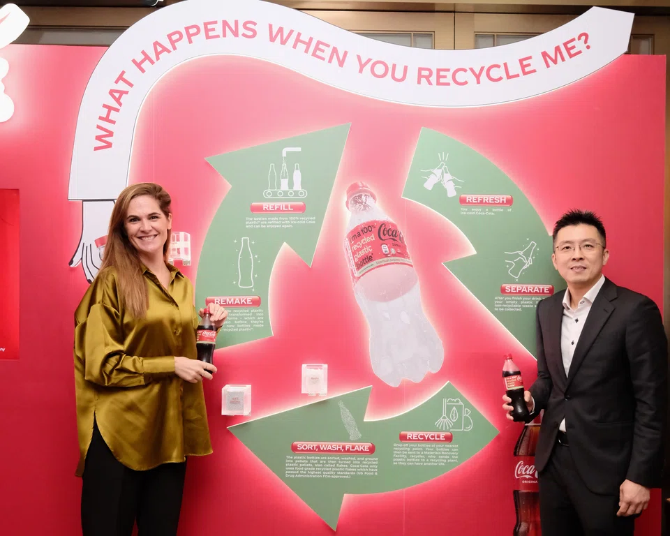 Kirsten van Zandwijk (left), director of sustainability and partnerships for Asean & South Pacific at The Coca-Cola Company, and SembWaste CEO Kok Kin Lee. The beverage giant has a partnership with SembWaste to collect used PET bottles.