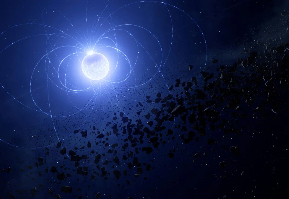 Artist's impression shows the magnetic white dwarf, where astronomers have found a scar imprinted on its surface as a result of having ingested planetary debris. 