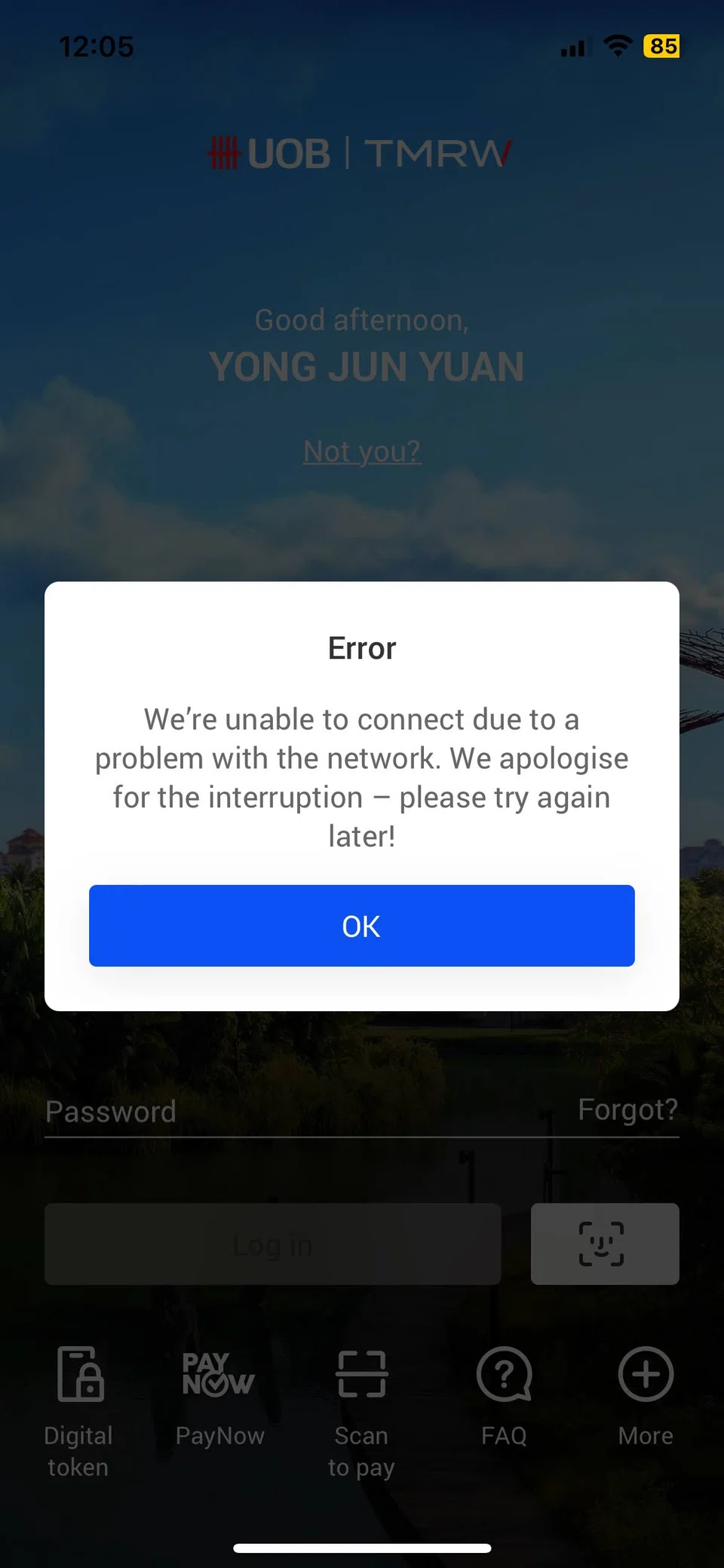 UOB customers encountered this error message when logging into the app on Saturday.