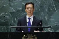 China's Vice-President Han Zheng speaks during the 78th session of the United Nations General Assembly at United Nations headquarters in New York, New York, Sept 21, 2023.  
