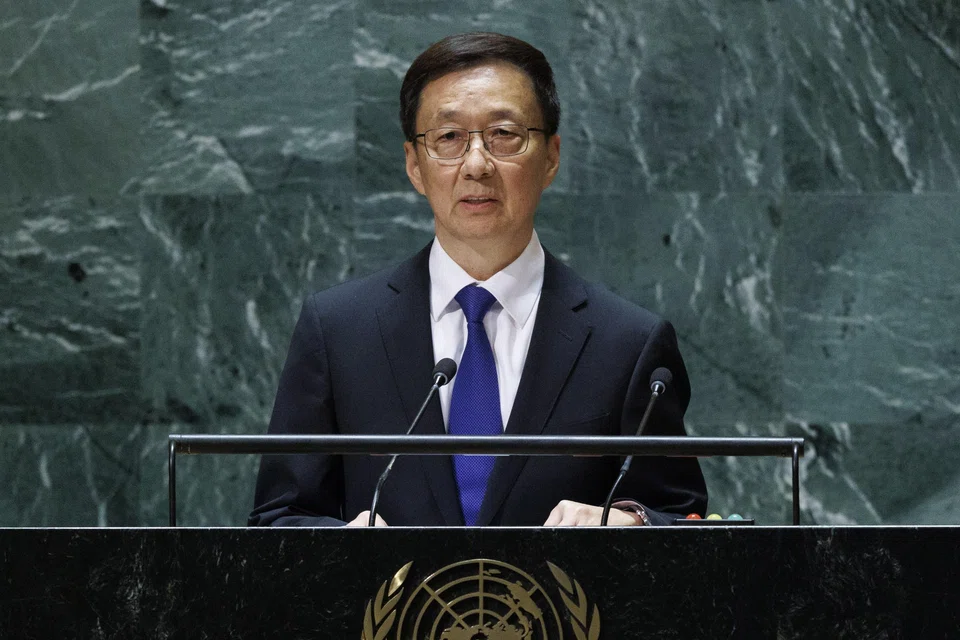 China's Vice-President Han Zheng speaks during the 78th session of the United Nations General Assembly at United Nations headquarters in New York, New York, Sept 21, 2023.  
