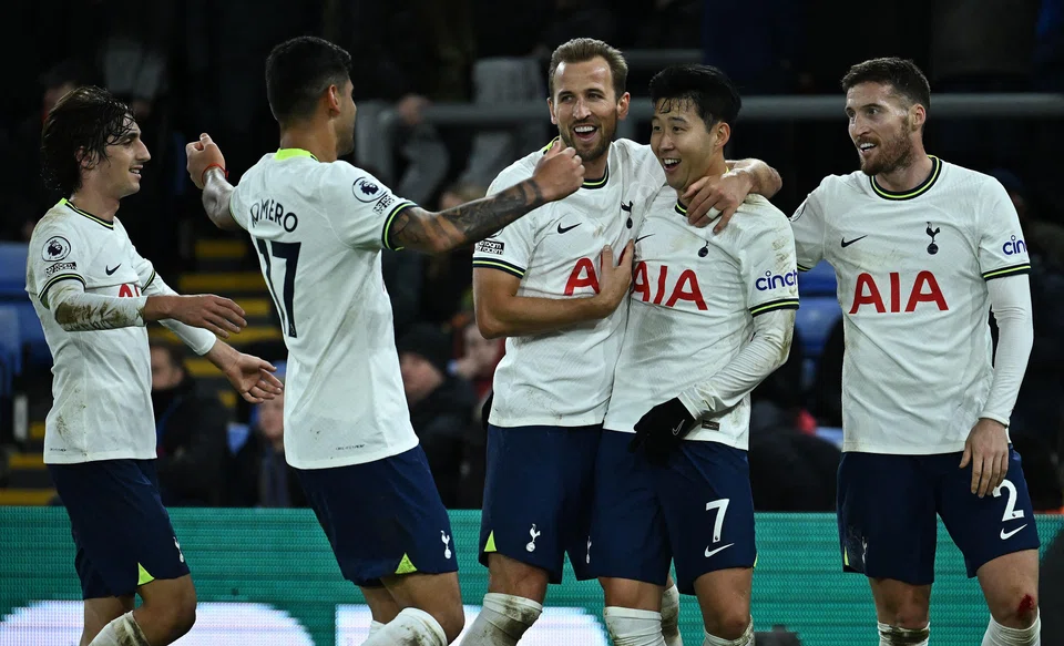 Tottenham Hotspur's Harry Kane (third from left) and Son Heung-Min (fourth from left) celebrating with teammates after their team's fourth goal in the EPL match against Crystal Palace at Selhurst Park in London on Jan 4.  Kane and Son have scored in 34 different EPL matches together.