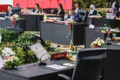A seat for Myanmar's delegate is left empty during the opening session of the 32nd Asean Coordinating Council meeting at the Asean secretariat in Jakarta, Indonesia, Feb 3, 2023. 