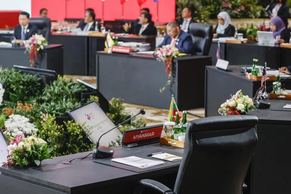 A seat for Myanmar's delegate is left empty during the opening session of the 32nd Asean Coordinating Council meeting at the Asean secretariat in Jakarta, Indonesia, Feb 3, 2023. 