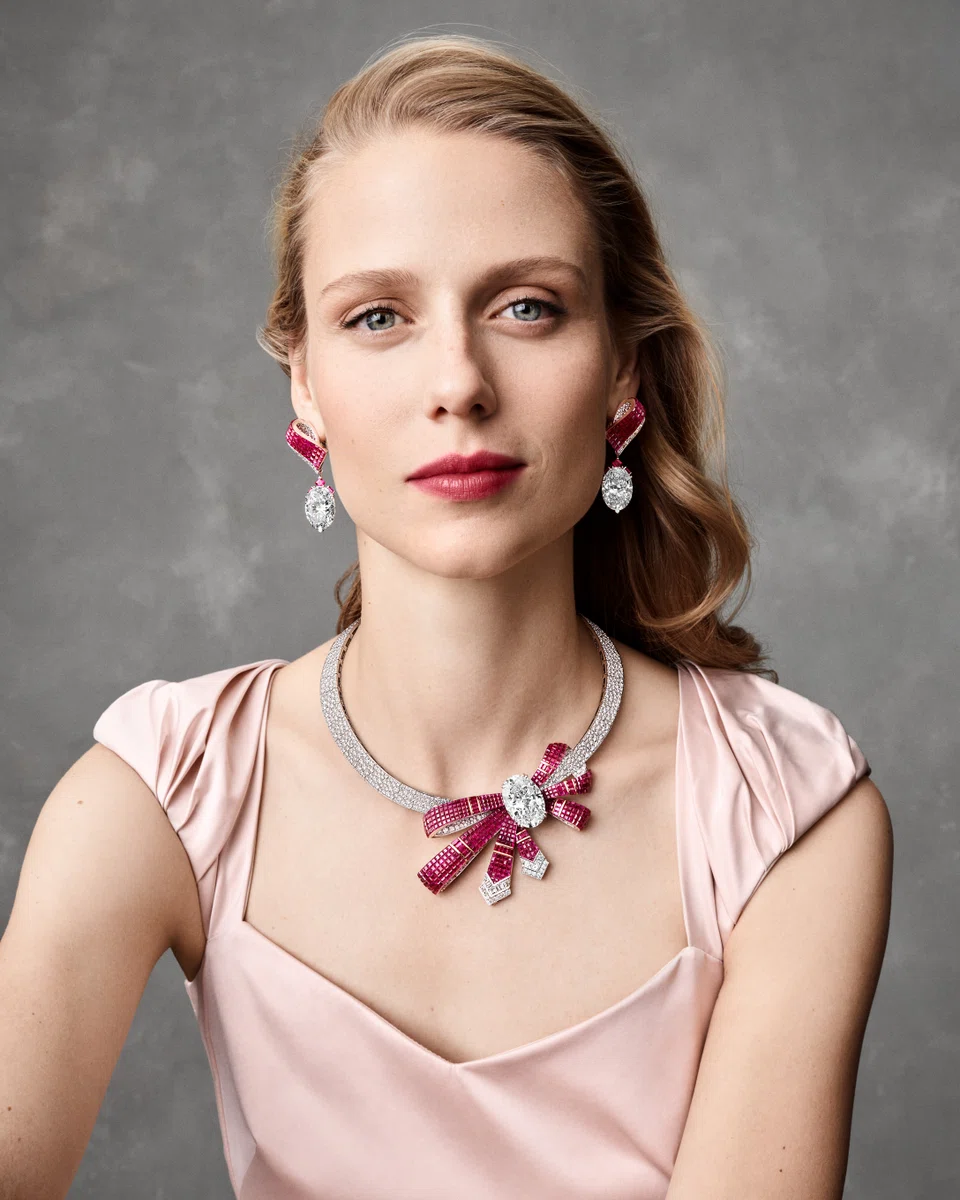 Volutes Mystérieuses transformable necklace and earrings with detachable pendants in white and rose gold with diamonds and rubies