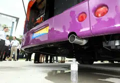 A hydrogen-electric hybrid bus, which discharges water from its exhaust pipe and emits no carbon dioxide. Hydrogen has long been touted as a less emissions-heavy alternative to fossil fuels. There has been some uptake in the EU, chiefly in heavy industry and transportation, but high costs and a lack of infrastructure have limited consumption; the fuel covers just 2 per cent of the bloc’s energy needs.