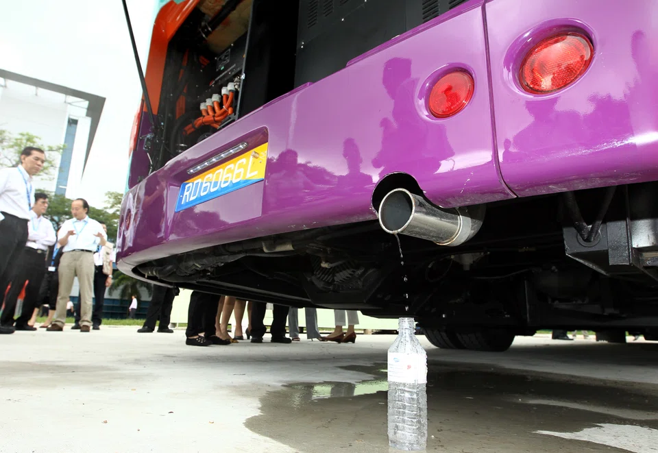 A hydrogen-electric hybrid bus, which discharges water from its exhaust pipe and emits no carbon dioxide. Hydrogen has long been touted as a less emissions-heavy alternative to fossil fuels. There has been some uptake in the EU, chiefly in heavy industry and transportation, but high costs and a lack of infrastructure have limited consumption; the fuel covers just 2 per cent of the bloc’s energy needs.