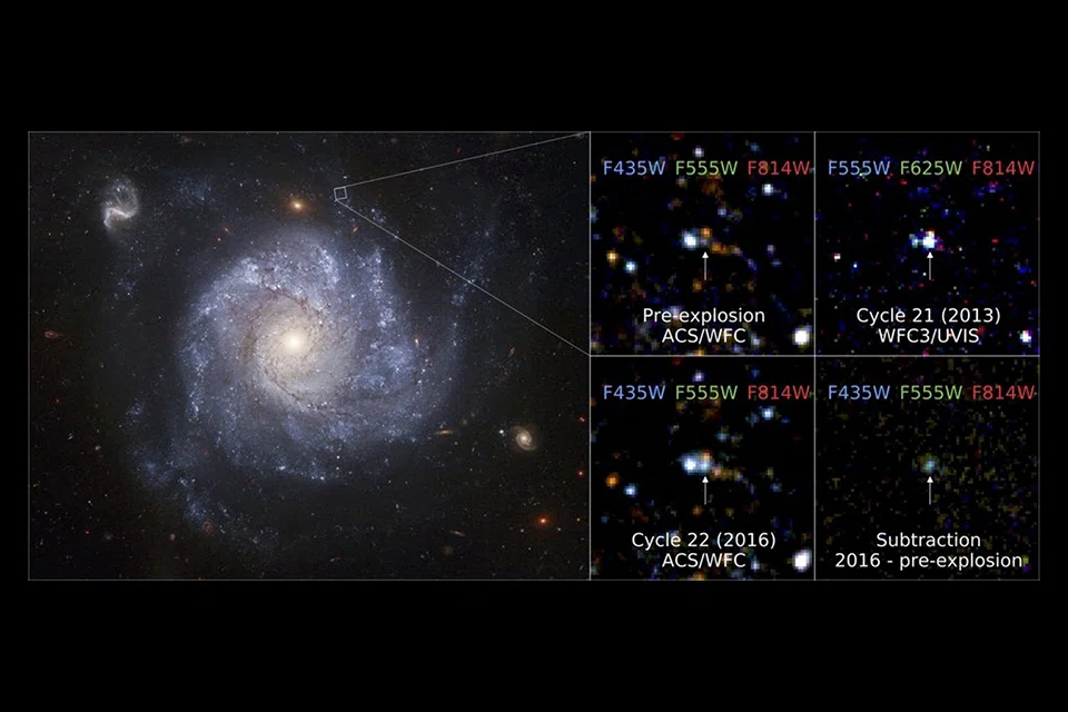 Clockwise from left: This image shows the spiral galaxy NGC 1309 before the explosion of a white dwarf star called Supernova 2012Z; the position of the supernova pre-explosion; Supernova 2012Z pictured in 2013; the difference between the pre-explosion images and 2016 observations; the location of the supernova in the latest observations in 2016. 