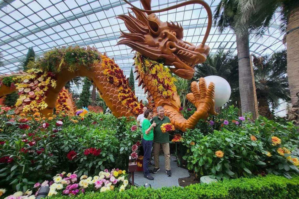 Steven Lau and his wife Wong Lai Quen in front of the CNY dragon display at Gardens by the Bay. Lau was diagnosed with early-onset dementia at the age of 57.