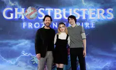 (From left) Paul Rudd, McKenna Grace and Finn Wolfhard at a 'Ghostbusters: Frozen Empire' photocall in London, England, March 21, 2024. 