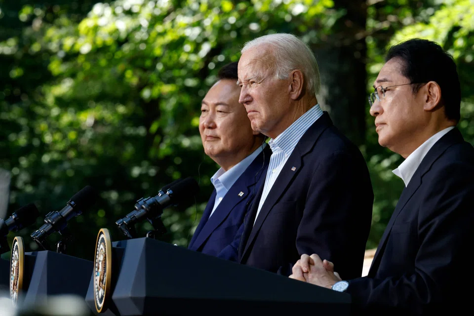 South Korean President Yoon Suk Yeol, US President Joe Biden and Japanese Prime Minister Fumio Kishida hold a joint news conference following three-way talks at Camp David on Aug 18, 2023 in Camp David, Maryland. 