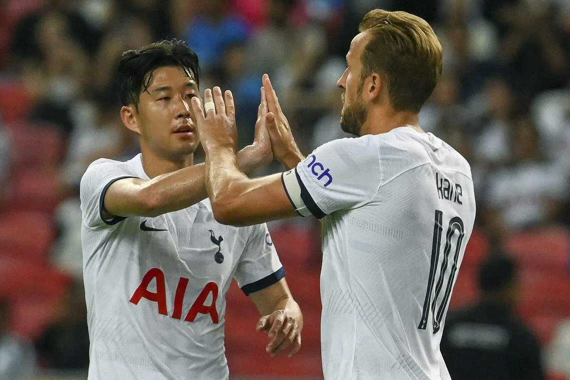 Tottenham captain Harry Kane (right) celebrating with Son Heung-min after scoring a penalty against the Lion City Sailors at the National Stadium on Wednesday. Spurs won the match 5-1.