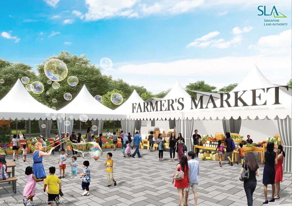 An artist's impression of a proposed farmer's market, playground and better paths at Gillman Barracks.