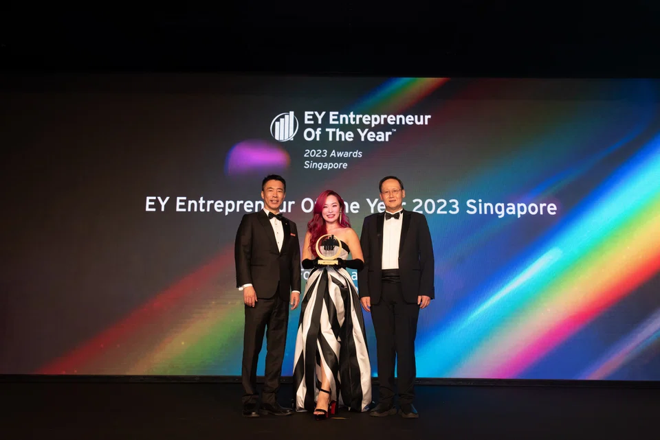Celebrating the wins are (from left): Liew Nam Soon, EY Asean regional managing partner and Singapore and Brunei managing partner, EY; Yvon Bock, founder and CEO, Hegen; and Tan See Leng, Minister for Manpower and Second Minister for Trade and Industry.