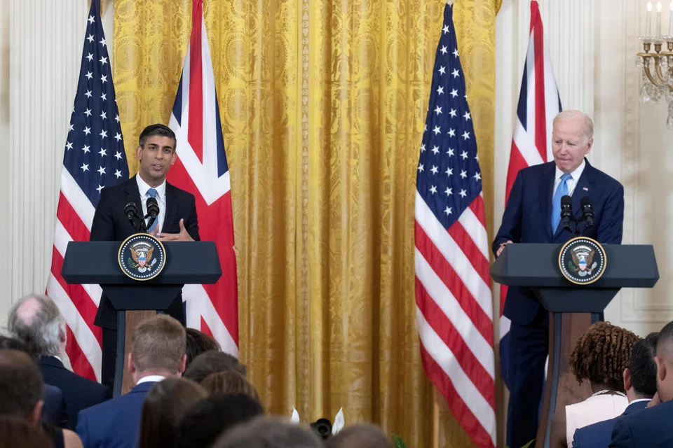 British Prime Minister Rishi Sunak (left) and US President Joe Biden hold a news conference in the East Room of the White House in Washington, DC, June 8, 2023. 