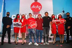 Capital A president (commercial) Colin Currie (fourth from left); Capital A executive chairman Kamarudin Meranun; and AirAsia X CEO Benyamin Ismail at a media event in Kuala Lumpur on June 15, 2022.
