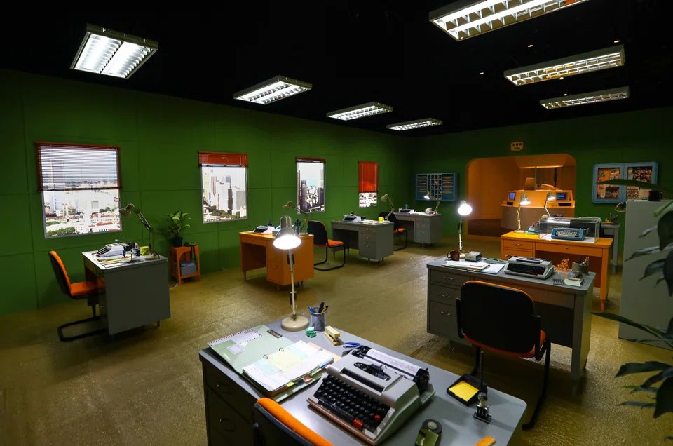 An office set up with typewriters.