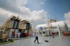 Seatrium's Floating Living Lab with the stacked energy-storage system (left) and LNG tank. It is the first such offshore floating testbed in Singapore.