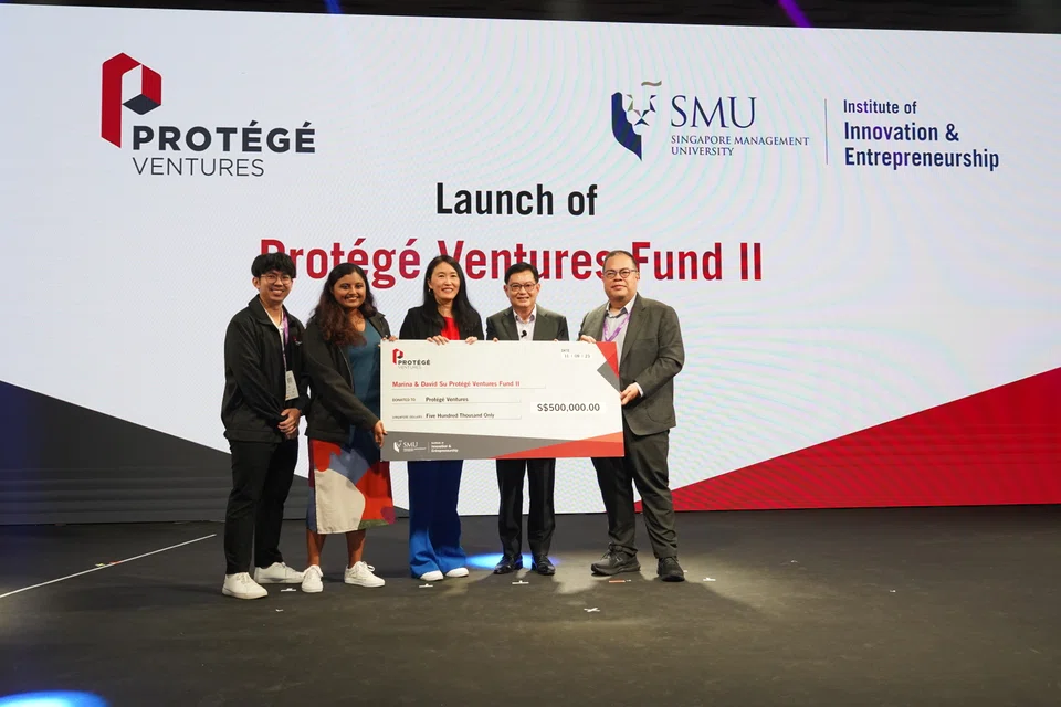 Deputy Prime Minister Heng Swee Keat (second from right) with (from left) Protege Ventures managing partners Sherwin Ng and Anaanya Bijay; SMU's VP of partnerships and engagement Lim Sun Sun; and Matrix Partners China founding managing partner David Su.