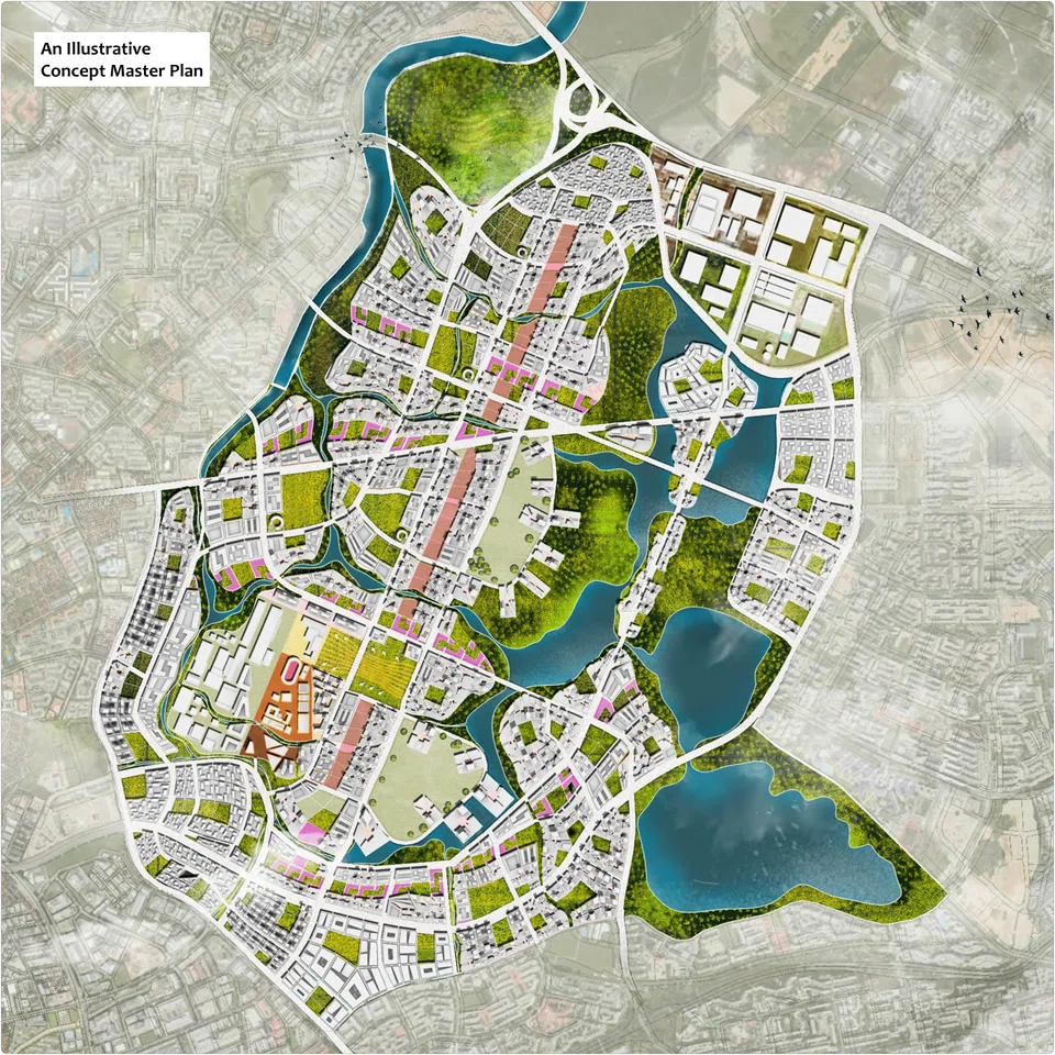 An illustrative concept masterplan of the future town at the Paya Lebar Air Base site. 