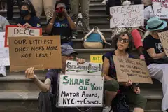 Social workers, educators, and parents participate in a 2022 rally outside Tweed Courthouse on 52 Chambers Street in New York. Although families and providers across the US face the same issues, few cities confront affordability challenges as profound as New York’s. 