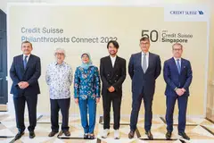  From left: Helman Sitohang, senior advisor, Credit Suisse; Professor Tommy Koh, chairman of SymAsia Foundation; Singapore President Halimah Yacob; Adrian Cheng, chief executive officer, New World Development; Edwin Low, chief executive officer Asia Pacific, Credit Suisse; and Benjamin Cavalli, head of wealth management Asia Pacific, Credit Suisse.