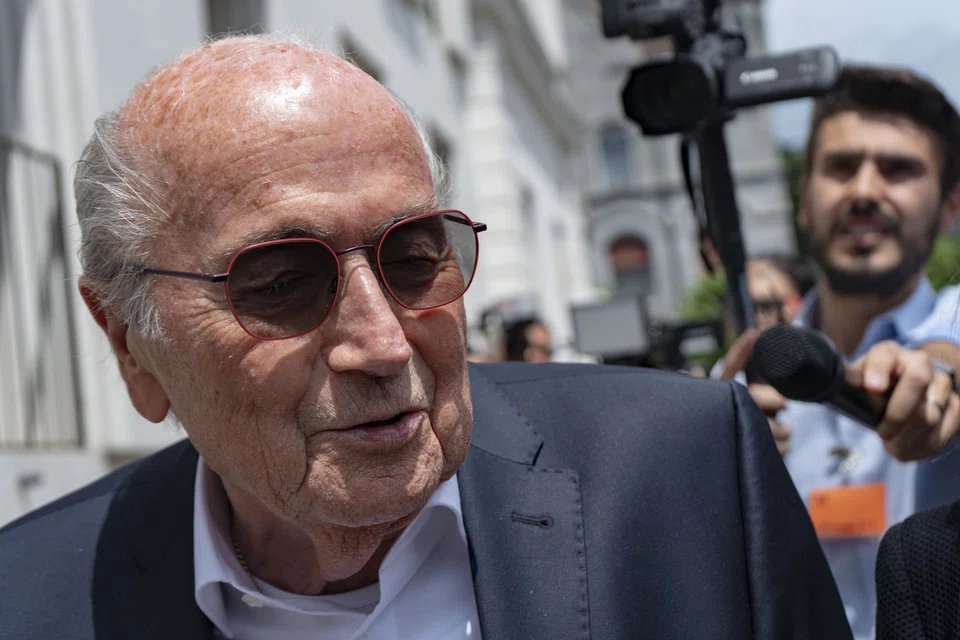Sepp Blatter, former president of Fifa, speaks to reporters after attending a trial hearing at the Swiss Federal Criminal Court in Bellinzona, Switzerland.