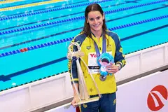 Kaylee McKeown at the World Aquatics Championships in Fukuoka in July 2023; she is the first woman ever to hold world records in all three backstroke disciplines.