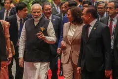 Indian Prime Minister Narendra Modi (left) with US Vice-President Kamala Harris (centre) and Malaysia’s Prime Minister Anwar Ibrahim (right), arriving at the East Asia Summit, which is part of the 43rd Asean Summit in Jakarta.  