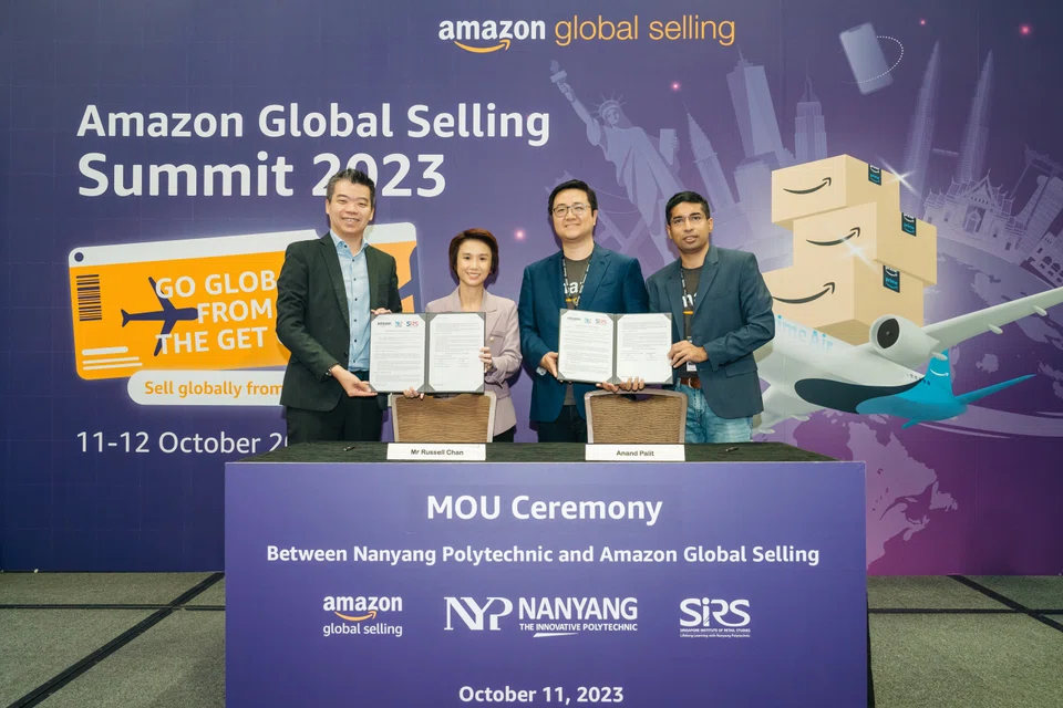 The memorandum of understanding will bolster online export capabilities of Singaporean entrepreneurs and small and medium enterprises, and will further empower them in going global.
From left: Russell Chan, principal and chief executive officer of Nanyang Polytechnic; Minister of State for Trade and Industry Low Yen Ling; Jim Yang, director of Amazon business and global selling expansion in Asia, Amazon Global Selling Asia; and Anand Palit, head of Amazon Global Selling, South-east Asia