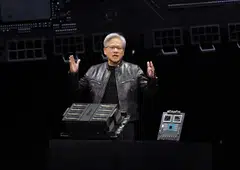Nvidia CEO Jensen Huang unveils the flagship Blackwell B200 chip, which takes two chips the size of Nvidia‘s previous offering and binds them together into a single chip, San Jose, California, March 18, 2024.