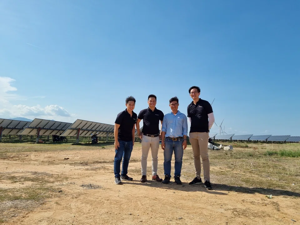 The AVA team met their client Dinh Van Thang, site manager of Phuoc Minh Adani Solar (second from right), at a solar plant in Ninh Thuan, Vietnam in April. From left to right is AVA solution architect Yip Chok Meng, CEO Lee Wei Yik and technical manager Theodore Teo.