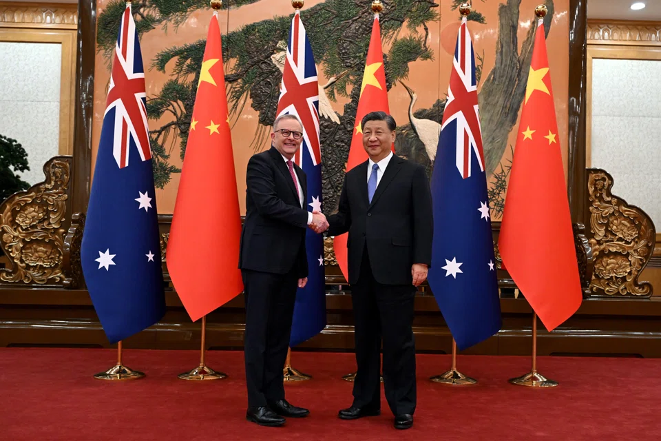 Australia's Prime Minister Anthony Albanese shakes hands with China's President Xi Jinping at the Great Hall of the People in Beijing, China, Nov 6, 2023.