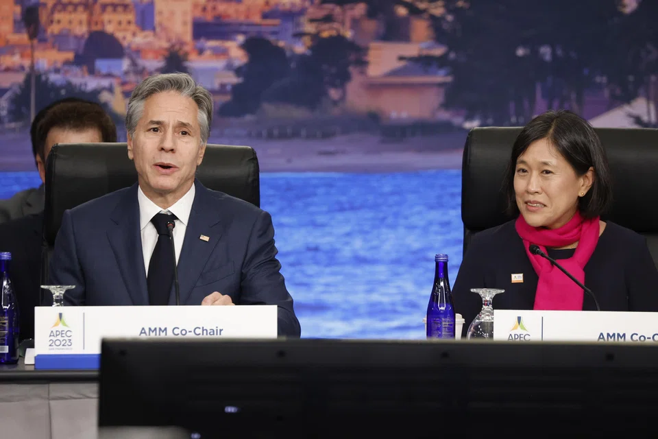 US Secretary of State Antony Blinken (left) delivers remarks as US trade representative ambassador Katherine Tai listens at the APEC summit in San Francisco, California, US, Nov 14, 2023.  