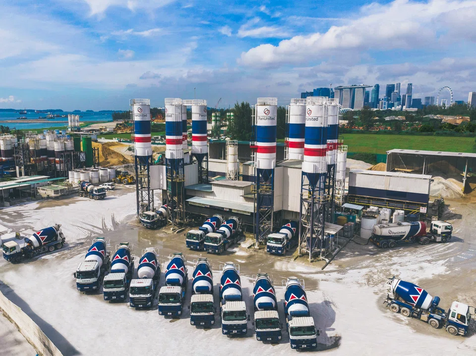 Pan-United's concrete mixer trucks at one of its batching plants. The company has reported an increase in revenue for the second half of its 2023 financial year.