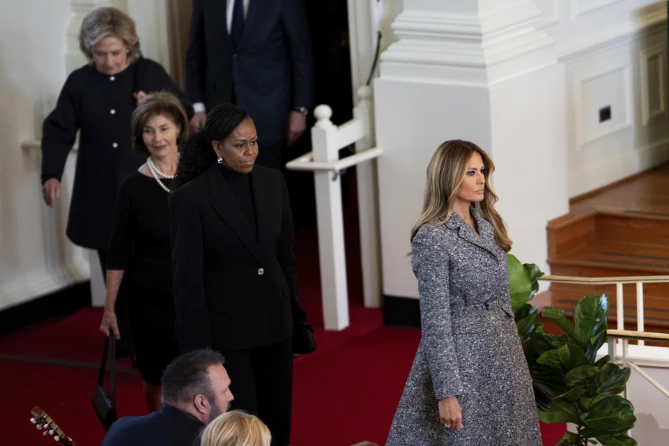 From right: Former first ladies Melania Trump, Michelle Obama, Laura Bush, and Hillary Clinton attend the memorial service for former first lady Rosalynn Carter. It was the first time since George HW Bush's funeral, in 2018, that all the living first ladies had been in one place. 