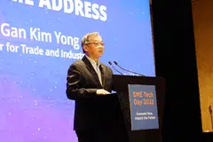 Minister for Trade and Industry Gan Kim Yong speaking at this year’s edition of the SME Tech Day at the Sands Expo and Convention Centre on Thursday (Nov 2), during which he made the announcements.
