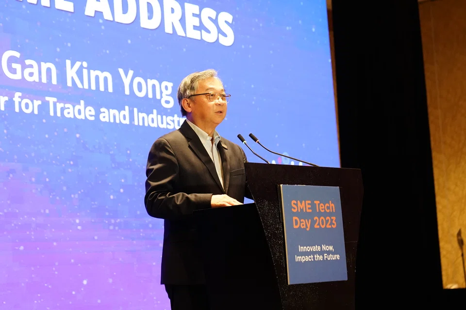 Minister for Trade and Industry Gan Kim Yong speaking at this year’s edition of the SME Tech Day at the Sands Expo and Convention Centre on Thursday (Nov 2), during which he made the announcements.