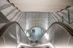 An escalator for the Liverpool Street station of the Elizabeth line, which features sweeping, futuristic architecture
