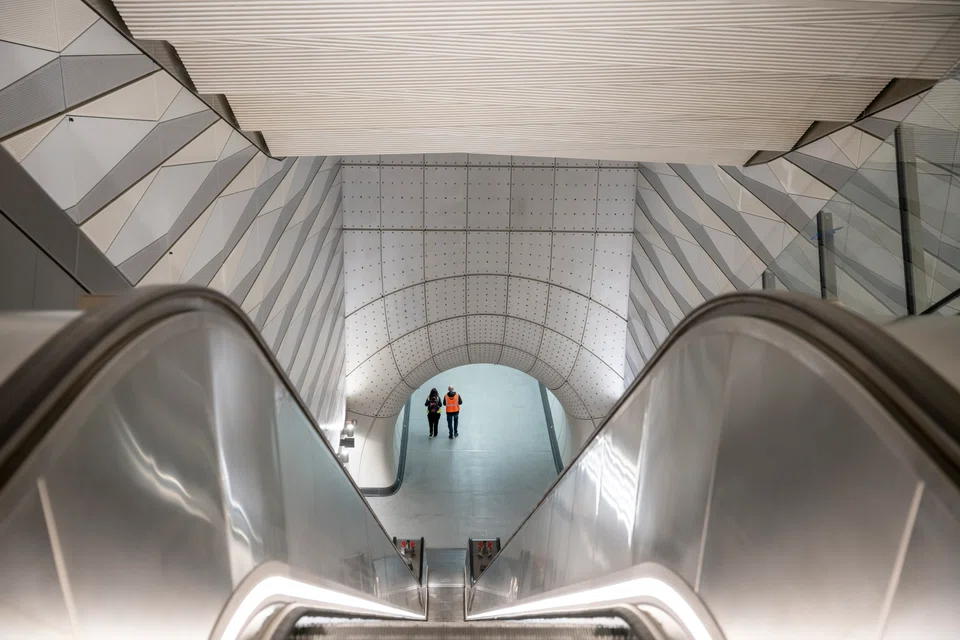 An escalator for the Liverpool Street station of the Elizabeth line, which features sweeping, futuristic architecture